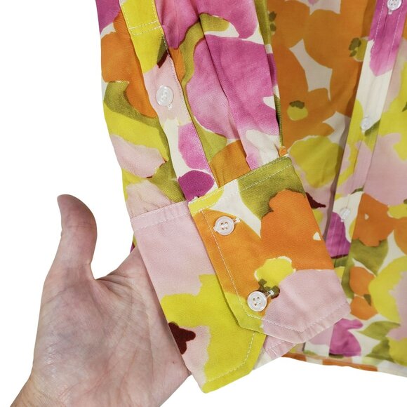 With Jean Pink Green Yellow Orange Floral Long Sleeve Button Front Collar Dress - Picture 8 of 16